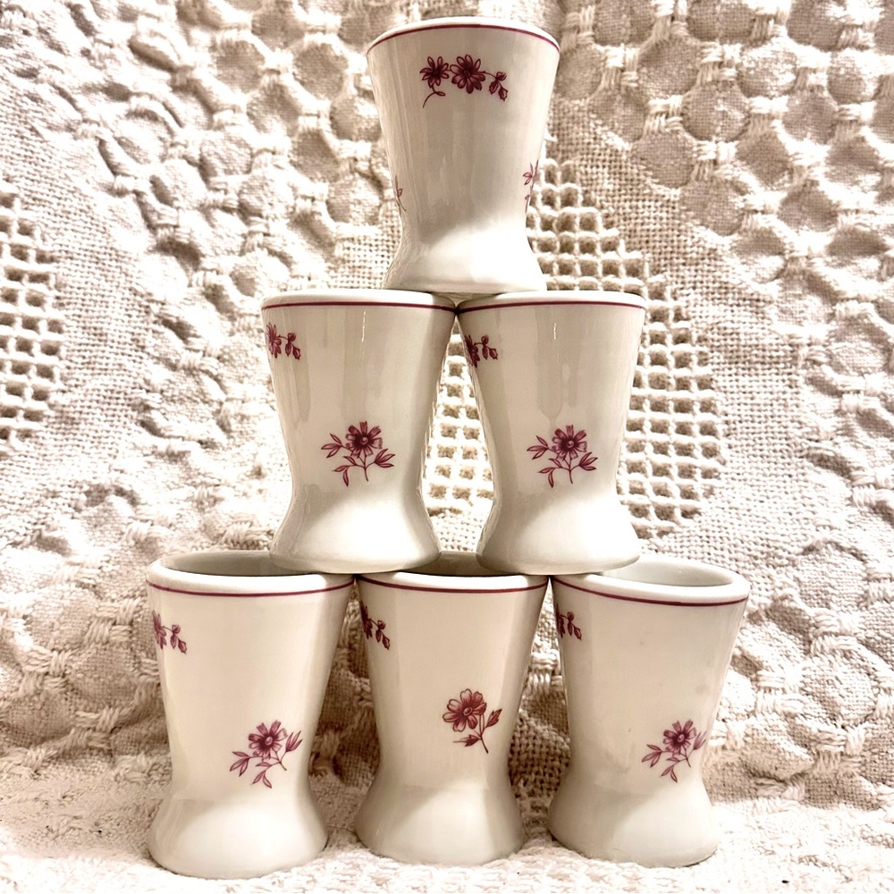Set of Six 1950’s Vtg NASM Egg Cups Restaurant Ware White w Red Floral